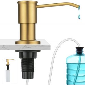 Distributeur de savon encastrable en or brossé, distributeur de savon pour évier de cuisine, distributeur de savon intégré avec bouteille de 500 ml et kit d'extension de 1,2 m, recharge par le haut - Neuf