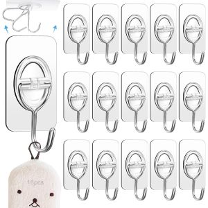 18 pcs crochets adhésifs,transparent crochets adhesifs muraux,crochet mural pour chambre,salle de bain,cuisine,plafond - Neuf
