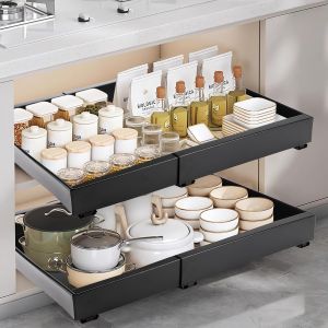 MEVRONISSHOP-Tiroir Coulissant pour Cuisine, T&eacute;lescopique Extensible, Largeur Ajustable 32-52cm, Organisateur pour Salle de Bain Salon (Noir) - Neuf