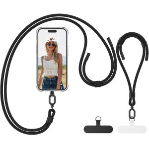 jum-Cordon Telephone Portable,Avec 2 Patchs Universels Et 2 Cordon T&eacute;l&eacute;phone Portable,Collier Compatibles Avec Tous Les Smartphones-Noir - Neuf