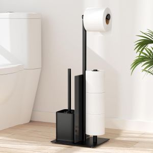 Porte Papier Toilette avec Brosse WC - Porte Rouleau Debout en Acier Inoxydable, D&eacute;rouleur Papier Aucun Per&ccedil;age Requis avec Verre (Noir Mat) - Neuf