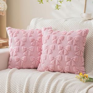Kalanka-Lot De 2 Housses De Coussin 45 X 45 Cm Motif N?ud Rose Taie D'oreiller En Fausse Fourrure Douce D&eacute;coration Jacquard Pour Chambre, Canap&eacute;, Maison De Vacances - Neuf