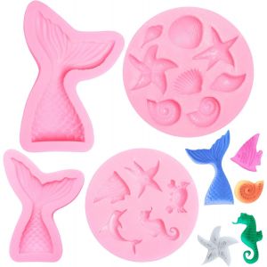 Jexnovashop-Moules En Silicone En Forme De Sir&egrave;ne, 4 Pcs Moules En Silicone Th&egrave;me Marin, Moule Coquillage, D&eacute;coration De Fondant De G&acirc;teau De Sir&egrave;ne, Moulle &Agrave; Fondant Pour Chocolat, Gel&eacute;e, Bonbons, C - Neuf
