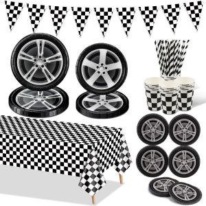 Letnerny-D&eacute;corations Pour La F&ecirc;te D'anniversaire De La Voiture De Course Avec Assiettes En Papier Serviettes En Pneu Nappe Gobelets En Papier Pour La F&ecirc;te D'anniversaire Des Enfants Sur Le Th&egrave;me De L - Neuf