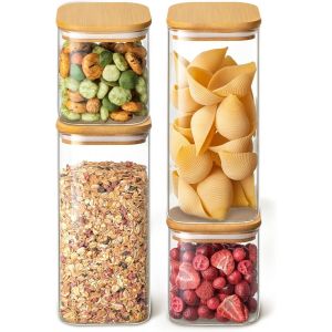 4 Bocaux En Verre Carrés Avec Couvercle En Bambou-Hermetiques- -6 Joints-Lavable Au Lave-Vaisselle - Neuf