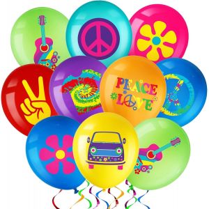 ChicSlick-45 Pièces Boho Hippie Rétro Groovy Ballons De Fête - Marguerite, Sensationnel, Latex Avec Signe De Paix Arc-En-Ciel (Style Tie-Dye)[X680] - Neuf