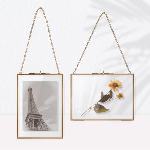 Fchhk-® 2pcs Cadres Photo Double En Verre Et Métal, 13 * 18cm, Cadre Verre Mural Transparent, Cadre Rectangulaire Pour Fleur Séchée, Photo, Figure, Carte, Certificat, Or - Neuf