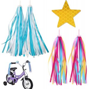 Kal-Lot De 2 Rubans Franges Pour Guidon De Vélo, Pompons Pour Guidon De Vélo, Pour Vélo D'enfant, Pour Décoration De Vélo D'enfant, Avec Autocollants Réfléchissants (Bleu + Couleur) - Neuf