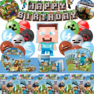 Eryi-Miner Anniversaire Vaisselle, 63 Pcs Gamer Decoration Anniversaire Kit, Vaisselle De Fête Miner Pour Enfants Comprend Ballons, Bannières, Assiettes, Gobelets En Papier, Serviettes, Nappes - Neuf