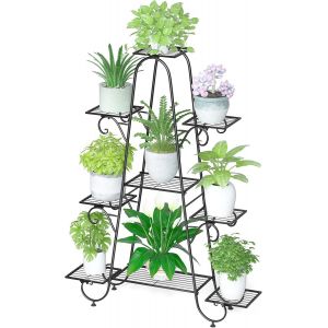 NouvelHorizonstore-Porte Plante Fer Forg&eacute;, &Eacute;tag&egrave;re Plante avec 9 Tablettes, Support Pot de Fleurs Noir, Convient pour Maison Balcon Jardin Terrasse, Charge Max 50kg - 121.5x88x22cm - Neuf
