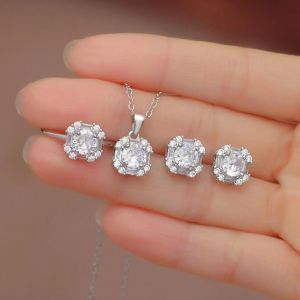 Ensemble Meilleur Bijoux Femme Argent 925 3ps Collier Boucles D'oreilles Cube Zircon Blanc Noël Saint Valentin Fête Des Mères Cadeau - Neuf
