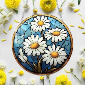 4pcs Pendentif Disque Acrylique Avec Cha&icirc;ne Pendentif R&eacute;tro Europ&eacute;en Fleur Color&eacute;e Femmes Pendentif Accesso - Neuf