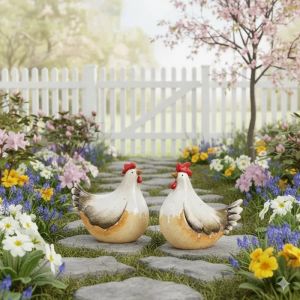 Deux d&eacute;coration de jardin coq & poule en c&eacute;ramique - Neuf