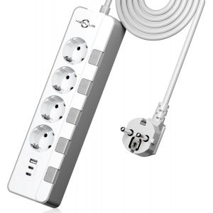 Electric Power Strip (4000W/16A), Power Strip Surge Arrester 500J With Individual Switches With 4 Sockets And 3 Usb Ports (2.4A), Usb Power Strip With 2 M Cord For Home Office (White) - Neuf