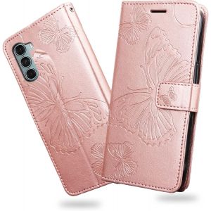 KAL-Coque Pour Moto G200 5G / Moto Edge S30, Papillon Imprim&eacute; Housse En Cuir Pu Magn&eacute;tique Portefeuille, &Eacute;tui &Agrave; Rabat Pour Moto G200 5G / Moto Edge S30, Or Rose - Neuf