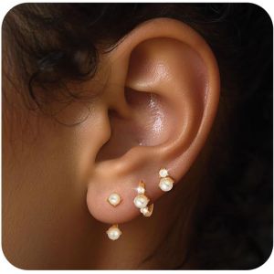 Kal-3 Paires Boucles D'oreilles Argent 925 Pour Femme Plaquée Or 14 Carats Petits Clous D'oreilles Créoles Perles Zirconium Boucles D'oreilles Dorées Empilables Hypoallergéniques Femmes Filles - Neuf