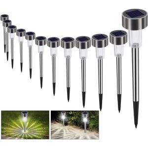 Lot De 12 Lampes Solaires D'extérieur Pour Jardin, Étanches, Sans Fil, Led, Décoration, Blanc Froid, Éclairage Solaire D'extérieur Pour Allées, Pelouse, Rechargeables Automatiquement - Neuf