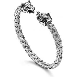 Eryi-Bracelet Tête De Loup, Torsadé Bracelet Pour Hommes, Bracelet Jonc De Style Ancien Dragon, Inoxydable Bracelet Tête De Loup, Réglable Bracelet, Pour Les Poignets Assortis Pour Hommes(Argent) - Neuf