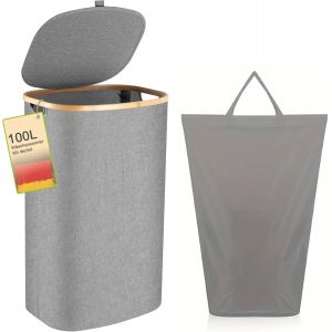 LETNERNY-Panier À Linge - 100 L - Lavable Et Hygiénique - Grand Panier À Linge Étroit Avec Sac À Linge Amovible - Avec Couvercle Et Bord En Bambou - Panier À Linge - Panier À Linge (Gris) - Neuf