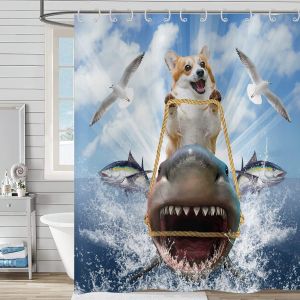 SJZG-Rideau De Douche Dr&ocirc;le 120X200, Chien Cooler Cavalier Requin Rideau De Douche Oc&eacute;an Vagues Mouette Poisson Bleu Mignon Enfants Gar&ccedil;ons Rideau De Baignoire Imperm&eacute;able Tissu Rideau De Bain - Neuf