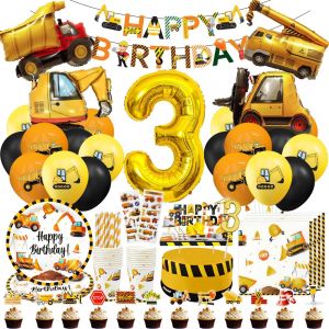 MEVRONISSHOP-Decoration Anniversaire Chantier 3 Ans, Kit Vaisselle Anniversaire Gar&ccedil;on 3 Ans avec Ballons Excavateur, Bougie 3 Ans, Deco G&acirc;teau, Banni&egrave;re, Serviette, Assiette, Tasse, Paille en Papier - Neuf