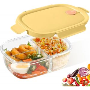 Mevronisshop-Bo&icirc;te &Agrave; Bento 3 Compartiments, Four &Agrave; Micro Ondes De 900 Ml Et R&eacute;cipient &Agrave; Lunch En Verre S&eacute;curis&eacute; Au Four, Bo&icirc;te &Agrave; Manger Lavable En Machine Pour Le Bureau, L'&eacute;cole - Neuf