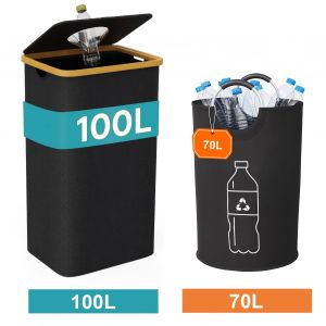 100L & 70L Bac de Recyclage Pliable en Nylon 900D, Bac &agrave; Papier Recyclable, avec Sac Amovible - Grande Capacit&eacute;, Organisateur de Poubelle en Tissu Oxford Noir, pour Verre, Plastique, M&eacute;tal et Bouteilles Vides, Rangement pour Cuisine et Buanderie - Neuf