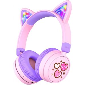 LORANKA-Bluetooth Casque Audio Enfant, 60 Heures d'Autonomie, Oreille de Chat LED, Volume S&eacute;curis&eacute; 74/85dBA, Bluetooth 5.3, Chargeur de Type C, Casque d'Ecoute sans Fil avec Mic int&eacute;gr&eacute; - Neuf