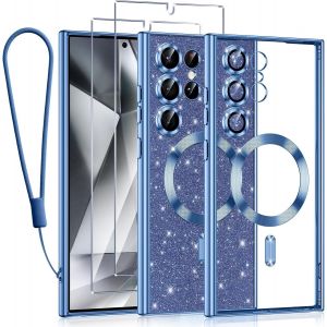 SJZG-Glitter Magn&eacute;tique Pour Samsung Galaxy S24 Ultra 5G Con Cordon, [Compatible Avec Magsafe] Antichoc Brillant Paillet&eacute; Souple Couqe Pour Samsung S24 Ultra 5G Avec 2 Pi&egrave;ces Verre Tremp&eacute; &Eacute;tui, Bleu - Neuf