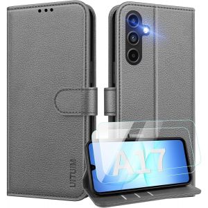 JGD-Coque pour Samsung Galaxy A17 5G/4G Etui Portefeuille Pochette Cuir avec 2 Verre Tremp&eacute; Protection &Eacute;cran Porte Carte Rabat Clapet Flip Case Cover Housse &Eacute;tui pour Samsung A17 5G/4G,Gris - Neuf