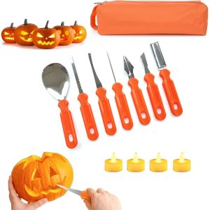 Sculpture De Citrouille D'halloween, Outil Sculpture De Citrouille, Kit Citrouille Halloween, 4 Outils Professionnels de Sculpture de Citrouille en Acier Inoxydable et 4 Bougies LED - Neuf