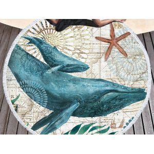 Serviette De Plage Ronde En Microfibre De 150 Cm, Motif Baleine Et Pompons - Neuf