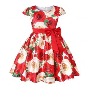 Robe De Princesse Fleurie Pour Fille, Tenue De Soiree Formelle Avec Noud Papillon (Rouge 4) - Neuf