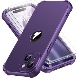 Kal-Coque Pour Iphone 15 Plus + 2 Pièces Verre Trempé Protection Écran, Antichoc Souple Silicone Tpu Arrière Rigide Pc Avant Housse De Protection Pour Iphone 15 Plus Case 6,7"" Violet Foncé - Neuf