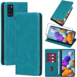 KAL-Coque Cuir Pour Samsung Galaxy A21S 4G 6.5"" Avec 1 Verre Tremp&eacute; Etui &Agrave; Rabat En Pu Porte-Cartes Portefeuille Support Flip Housse Magn&eacute;tique Antichoc Anti-Rayures Case,Light Blue - Neuf