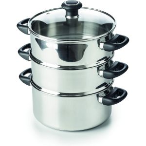 Subzonal-12030034 Polo Cuit Vapeur 3 Corps + Couvercle Verre En Acier Inoxydable 24 Cm, Noire - Neuf