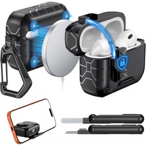 ELVORIX-&Eacute;tui pour AirPods Pro 3(2025),Compatible avec MagSafe,Verrou de S&eacute;curit&eacute; et Support de T&eacute;l&eacute;phone pour AirPods Pro 3e G&eacute;n,Coque de Protection &agrave; Ouverture Automatique et kit de Nettoyage - Neuf