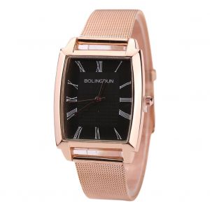 Montre A Quartz Tendance Avec Bracelet En Maille Et Cadran Carre A Chiffres Romains Pour Homme Et Femme (Or Rose Et Noir) - Neuf