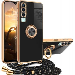 Kalanka-Coque Pour Huawei P30 Avec Cordon,Housse Huawei P30 Avec Anneau Antichoc Magnétique Étui Avec Collier Silicone Lanyard Case Réglable Téléphone Portable Protection Cover Vec Support - Neuf