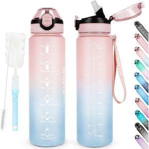 Shiba-Bouteille D'eau De 1 L Sans Bpa Avec Paille, Passe Au Lave-Vaisselle, Couvercle Anti-Fuite, Bouteille D'eau Motivante Avec M[1 - Neuf