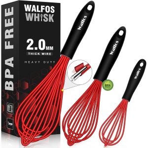 Eryi-Lot De 3 Fouets En Silicone Rouge, Fouet En Acier Inoxydable, Fils En Silicone, Fouet De Cuisine Pour Mélanger, Fouetter, Mousser Et Remuer - Neuf