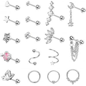 Kal-17pcs Boucles D'oreilles Acier Inoxydable Femme Piercing Tragus Labret Conch Piercing Helix Acier Chirurgical Hypoallergénique Cz Piercing Nez 16g Argent Or Or Rose - Neuf