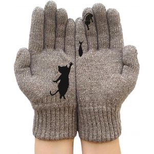 Couleur Kaki D'hiver Des Femmes Gants - Femmes Tricot Chaud Gants - Mode Chat Doux Imprimer Élastique Chauffe-Mains Mitaines - Neuf
