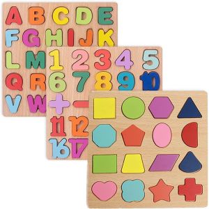 Puzzle Bois Bebe Puzzles en Bois Enfant 3 Pi&egrave;ces Puzzle B&eacute;b&eacute;-Chiffres Alphabet Graphiques de 3+ Ans Enfant Jouets pour Jeux &Eacute;ducatifs d'apprentissage Pr&eacute;coce - Neuf