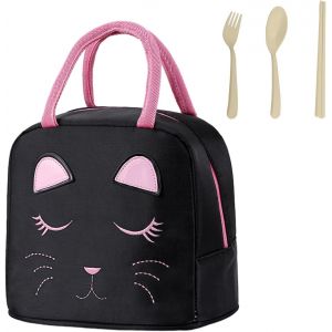 Sac à déjeuner 1 pièce avec visage de chat et couverts 3 pièces, sac à déjeuner imperméable de style dessin animé, sac à déjeuner mignon, sac à déjeuner portable, , noir.[G896] - Neuf
