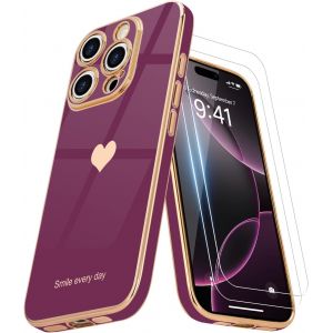 Kal-Coque Compatible Avec Iphone 16 Pro Max + 2 Films De Protection D'écran, Coque Pour Fille, Coque De Protection D'appareil Photo Galvanisée Pour Iphone 16 Pro Max, Rouge Cerise - Neuf