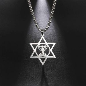 Menorah Juive &Eacute;toile De David Pendentif Collier Pour Hommes En Acier Inoxydable Judaica Foi Hanoukka Lampe Amulette Bijoux Cadeaux - Neuf