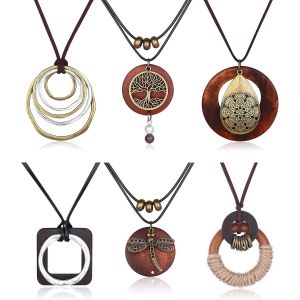 6 Piece Long Pendentif Collier Pour Femme Vintage Bois Arbre De Vie Plume Collier Boho Ethnie Long Colliers Pull Ensemble - Neuf