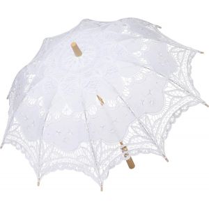 Parapluie En Dentelle Vintage Blanc Avec Broderie Fleurs Et Feuilles, Manche En Bois Lisse, Id&eacute;al Pour Mariage, D&eacute;fil&eacute;, Photoshoot Ou D&eacute;coration D'int&eacute;rieur - Neuf