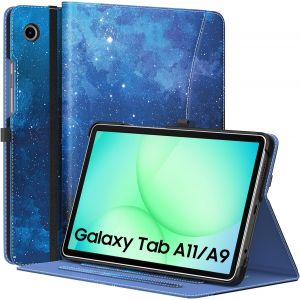 LORANKA-Coque pour Samsung Galaxy Tab A11 8,7 Pouces 2025, Galaxy Tab A9 8,7 Pouces 2023, &Eacute;tui en Cuir PU avec Support Multi-Angles, Dragonne, Poche Avant pour Galaxy Tab A11 Tablette, &Eacute;toile Bleue - Neuf